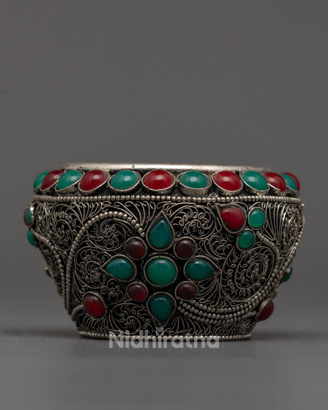 Hand-Carved Silver Neshi Ricepot with Semi-Precious Stones