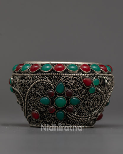 Hand-Carved Silver Neshi Ricepot with Semi-Precious Stones