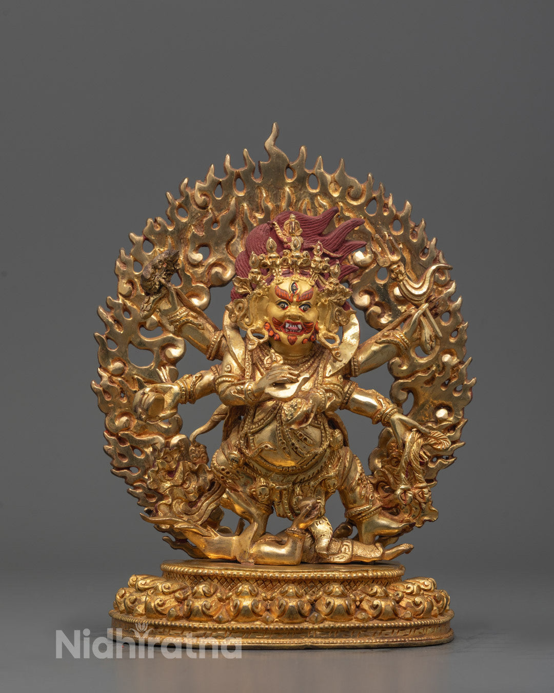 Hand-Carved Six-Armed Mahakala Statue Standing on Lotus Base with Gold Gilded Finish