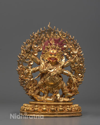 Hand-Carved Six-Armed Mahakala Statue Standing on Lotus Base with Gold Gilded Finish