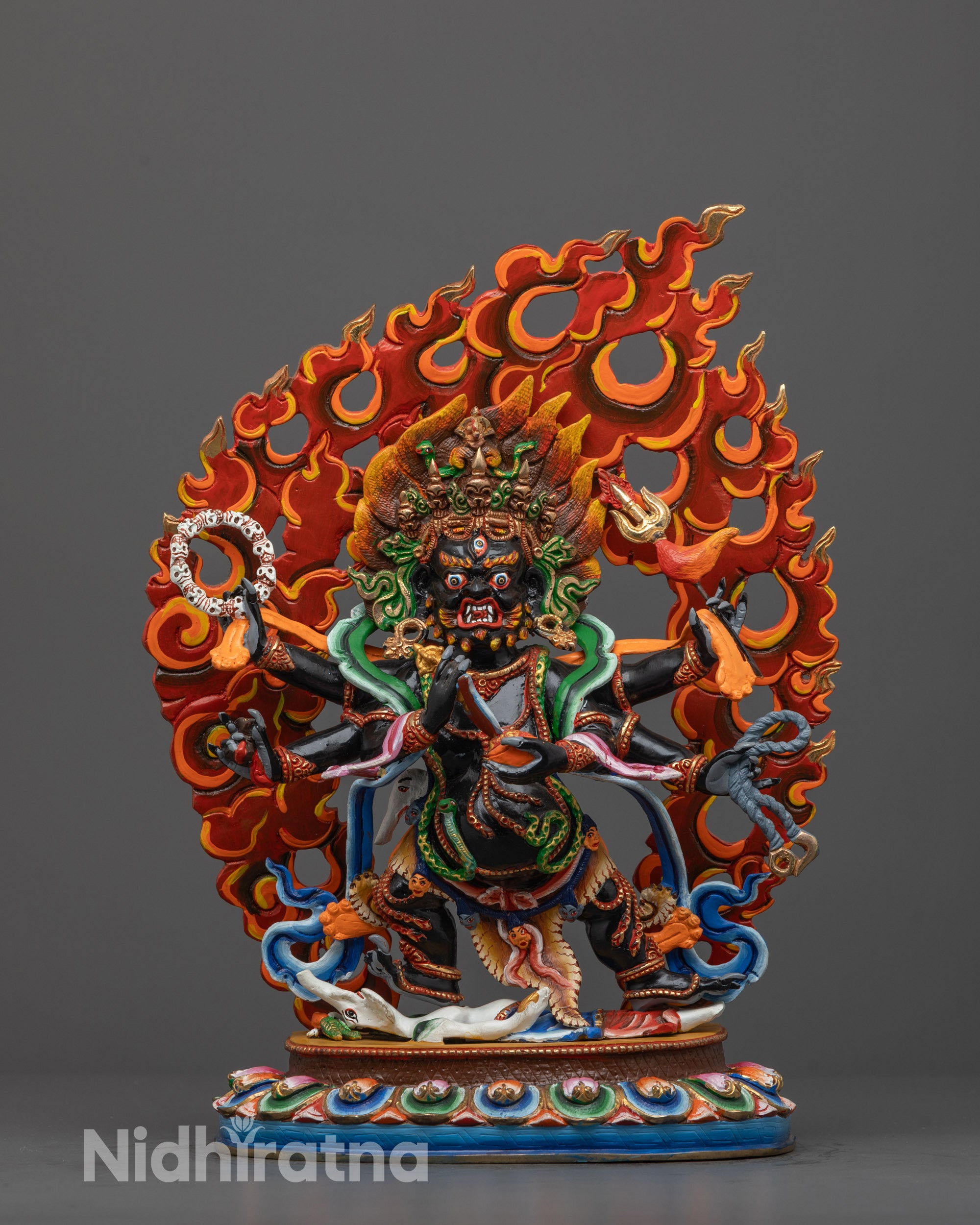 Hand-Carved Six-Armed Mahakala Statue with Wrathful Expression Standing on Lotus Base