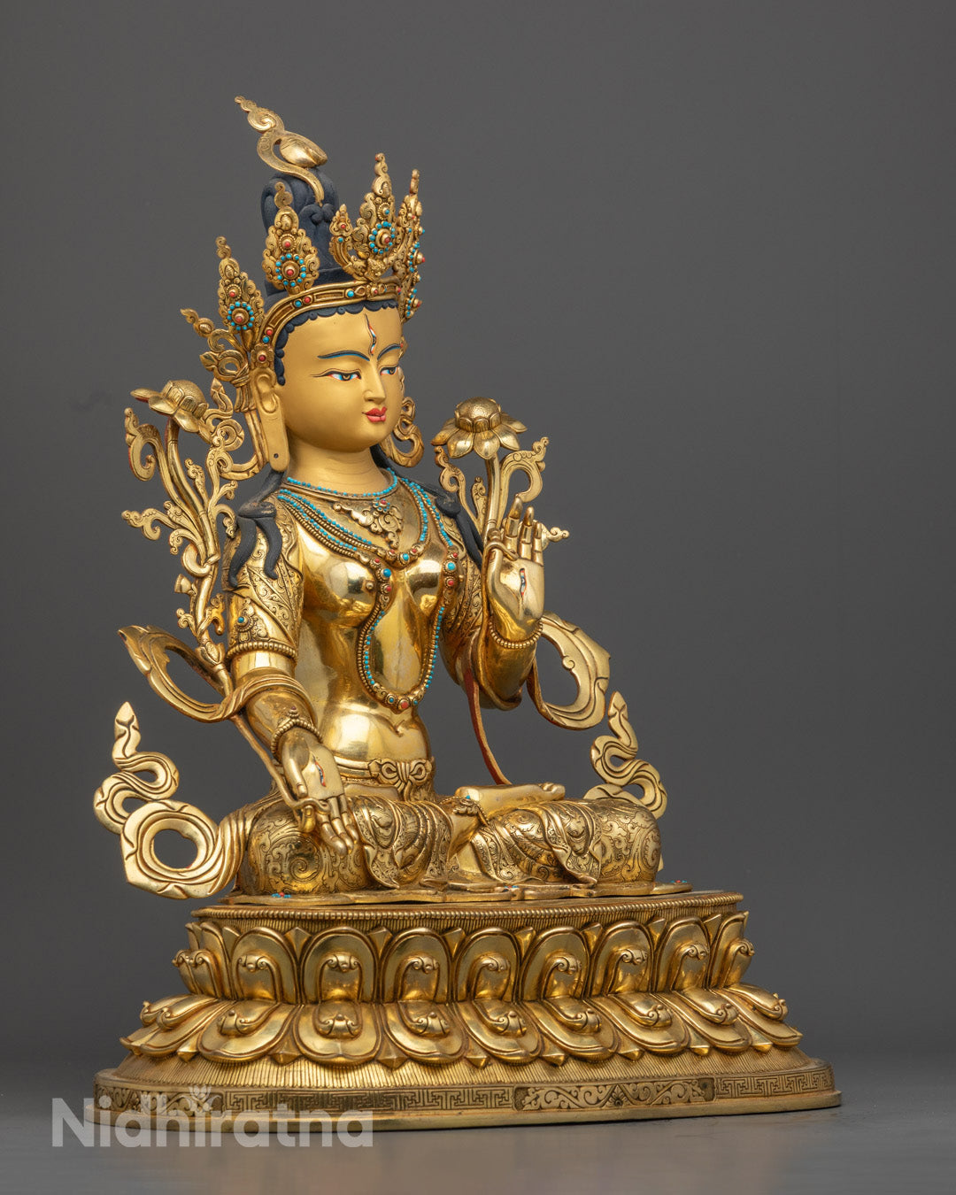 Hand-Carved White Tara Statue | 24k Gold Face Buddhist Deity from Nepal