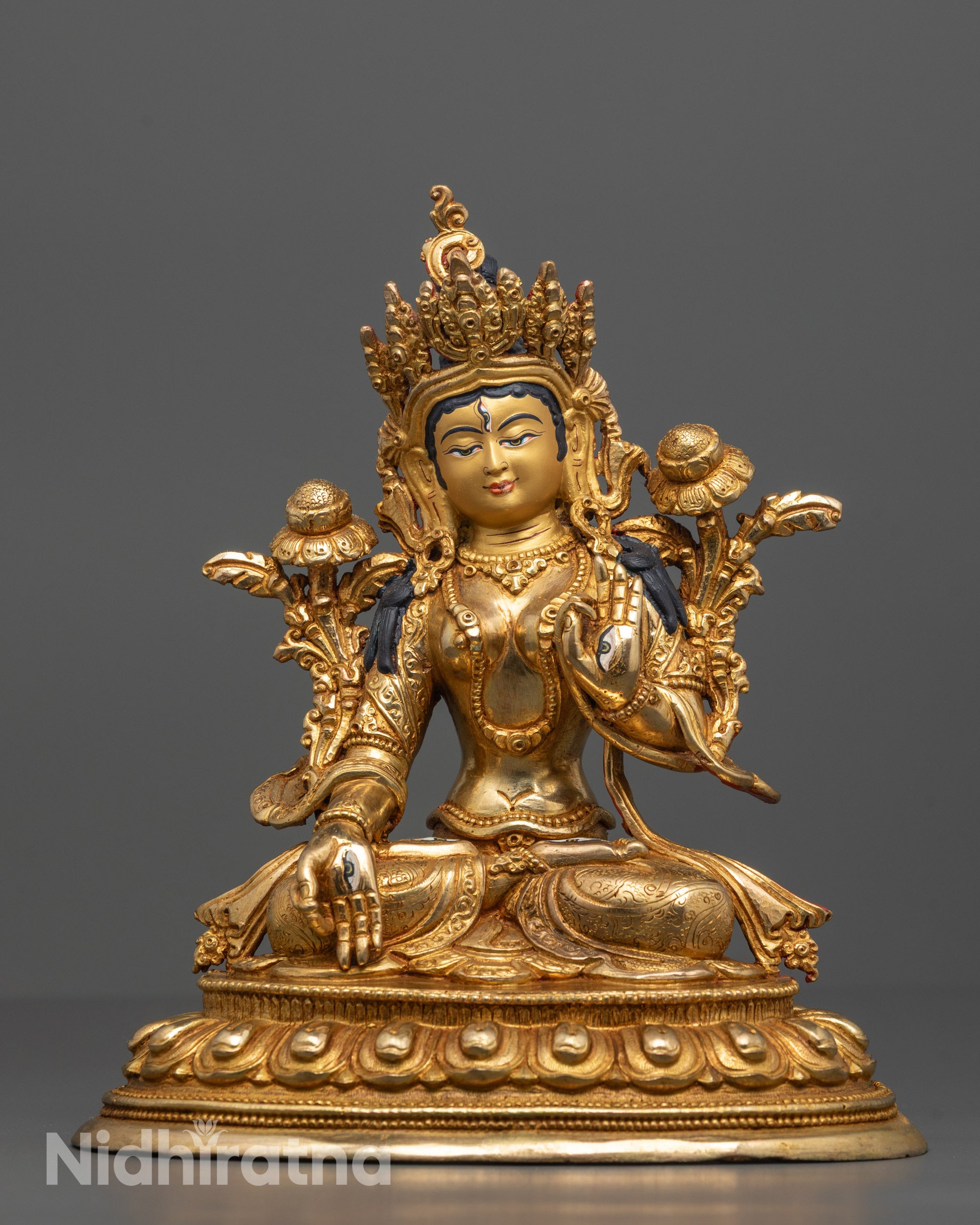 Hand-Carved White Tara Statue Seated on Lotus Base with Seven Eyes