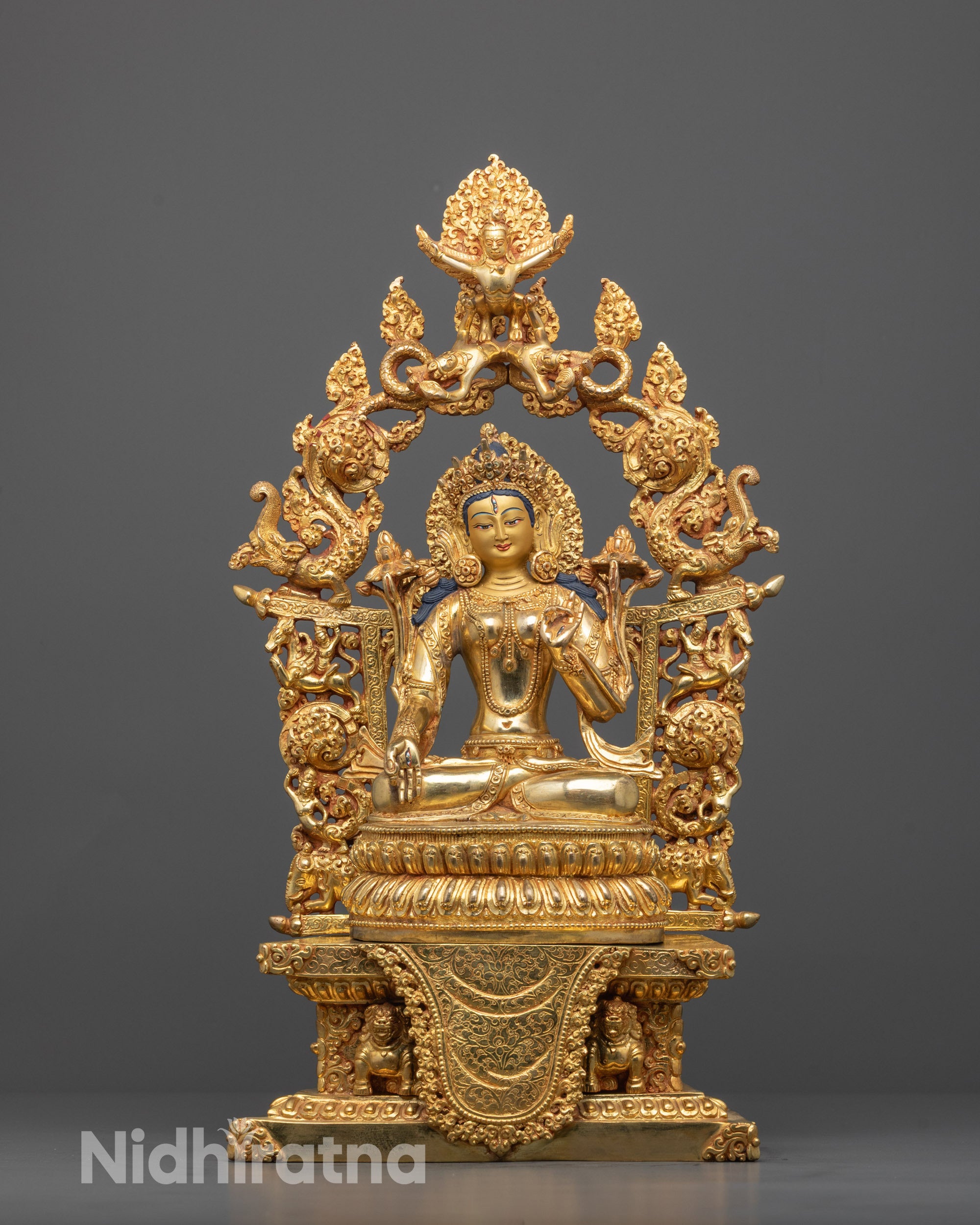 Hand-Carved White Tara Statue from Nepal with 24k Gold Face and Lotus Seat