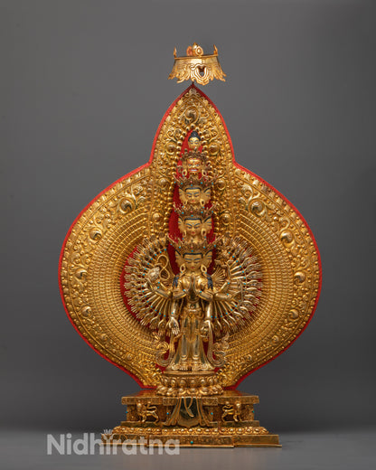 Hand-carved 1000-Armed Chenrezig Statue with gold plating standing on lotus base