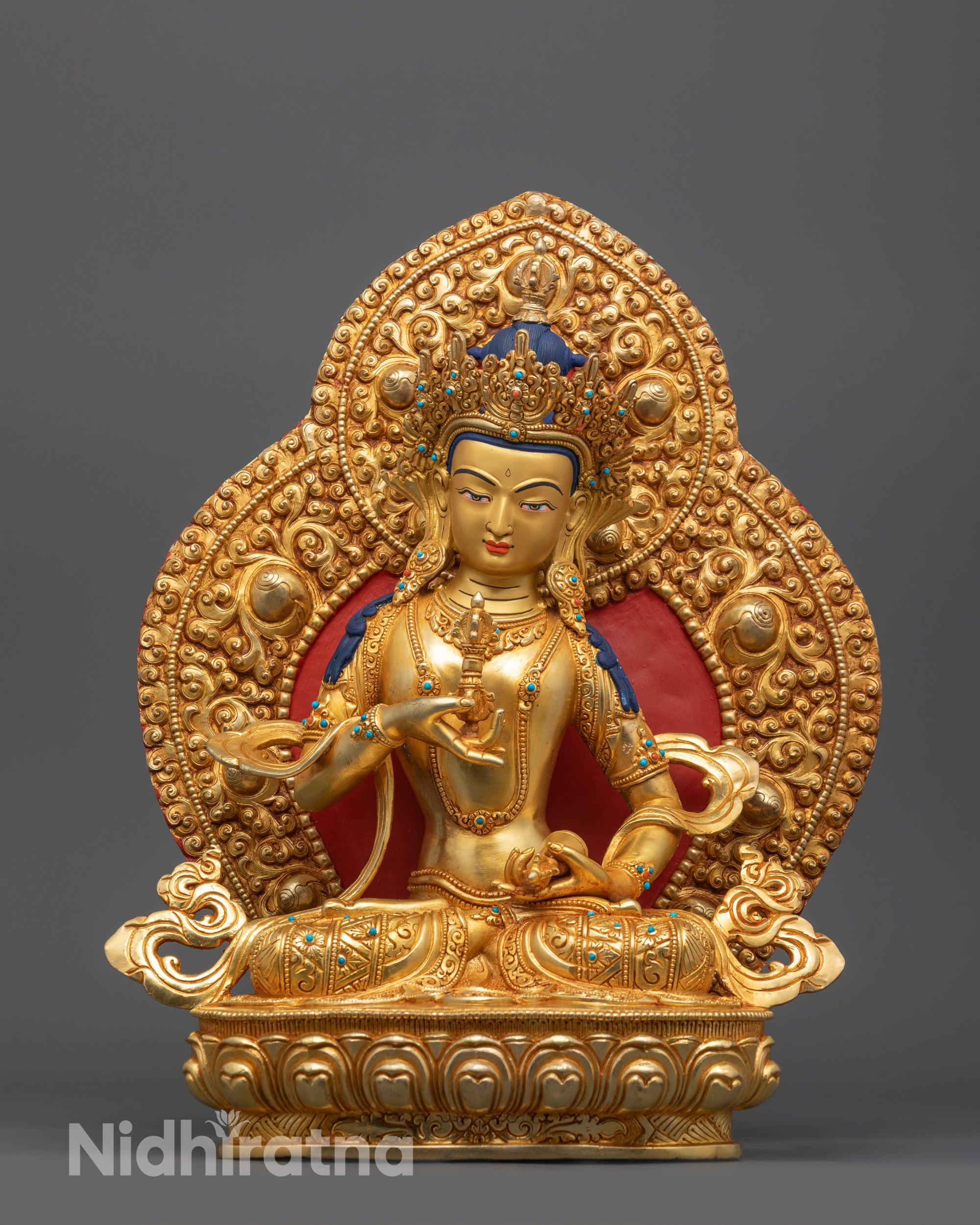 Hand-carved 24k gold gilded Vajrasattva statue from Nepal, standing on a lotus throne