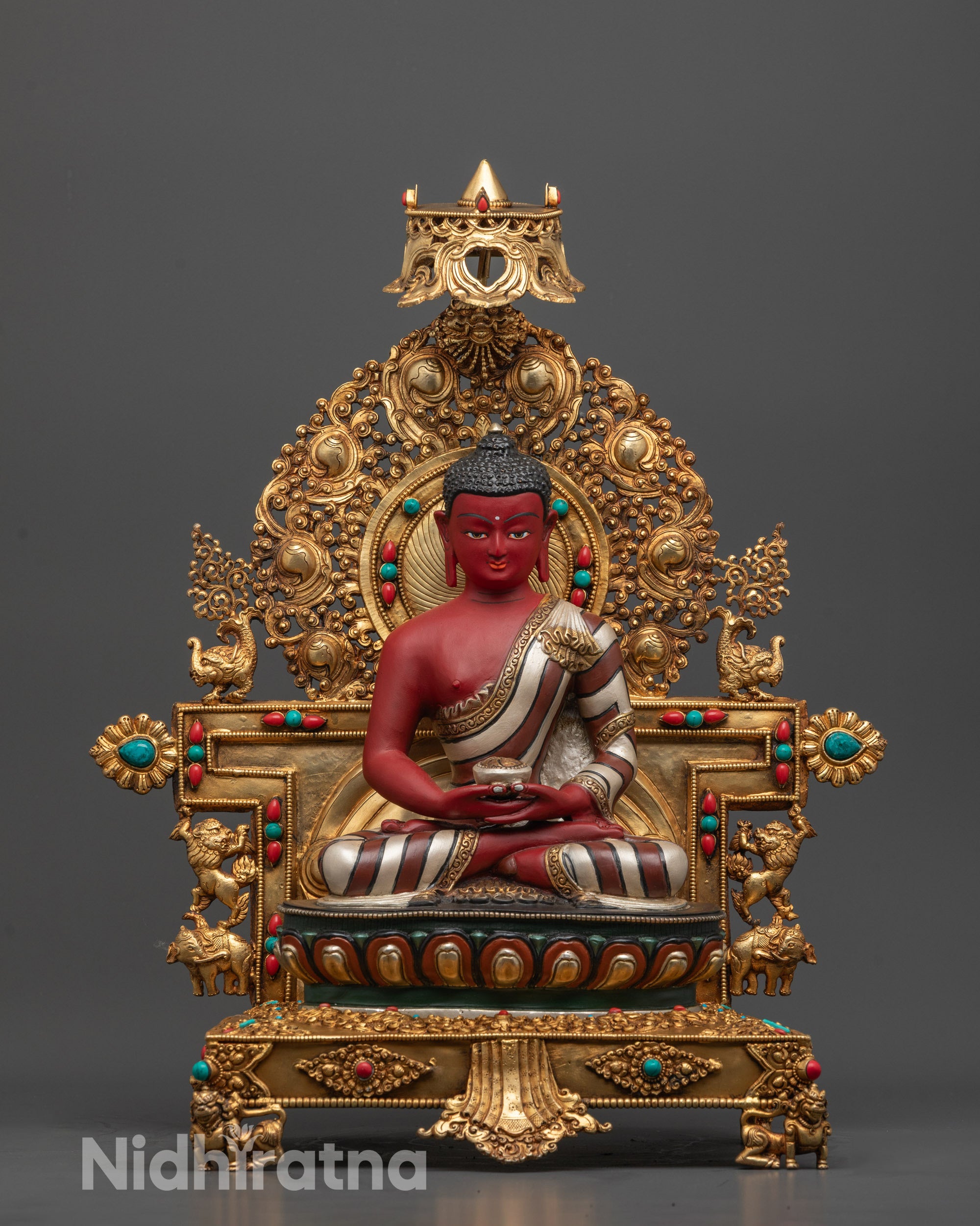 Hand-carved Amitabha Buddha Statue seated on a 24k gold-plated lotus throne