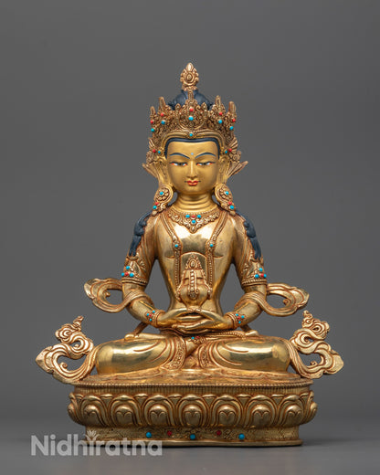Hand-carved Amitayus Buddha Statue seated on a lotus base with a nectar-filled kalash