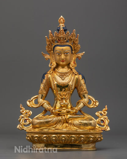 Hand-carved Amitayus Buddha statue fire-gilded in 24k gold, adorned with semi-precious stones, from Nepal.