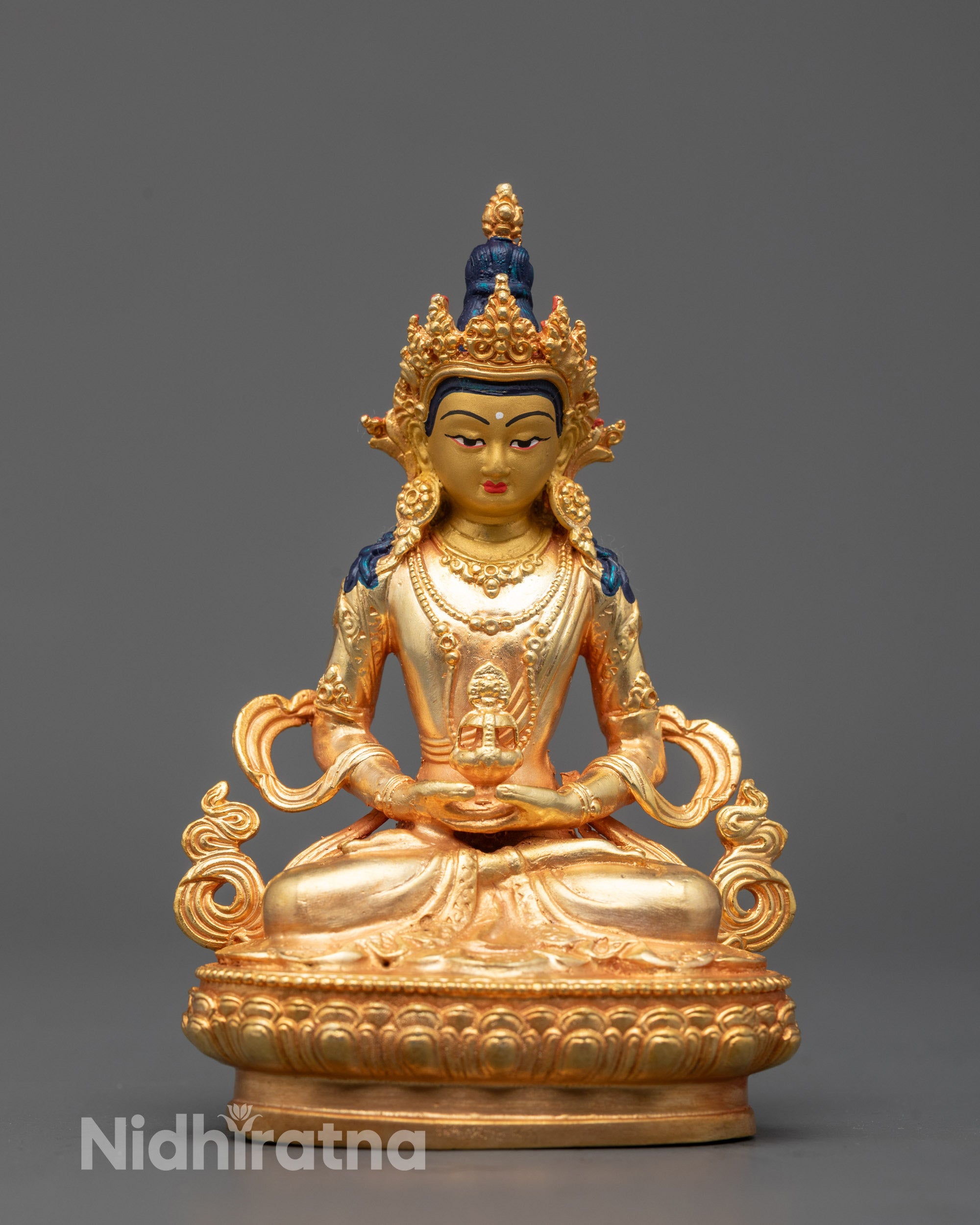 Hand-carved Amitayus Statue from Nepal with 24k gold-plated body seated on lotus base