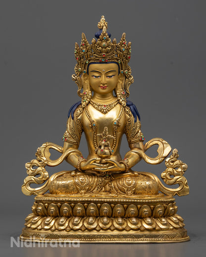 Hand-carved Amitayus Statue with 24k gold fire gilding, seated in serene meditation holding a vase of immortality, symbolizing longevity and spiritual abundance.