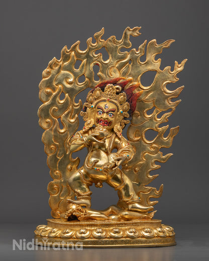 Hand-carved Black Dzambhala statue in deep ebony, showcasing 24k fire-gilded copper accents and vibrant multi-acrylic coloring.