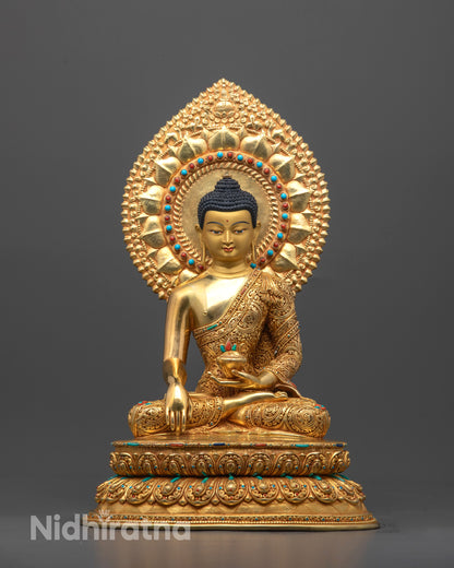 Hand-carved Buddha Shakyamuni Statue seated on lotus base with meditative posture