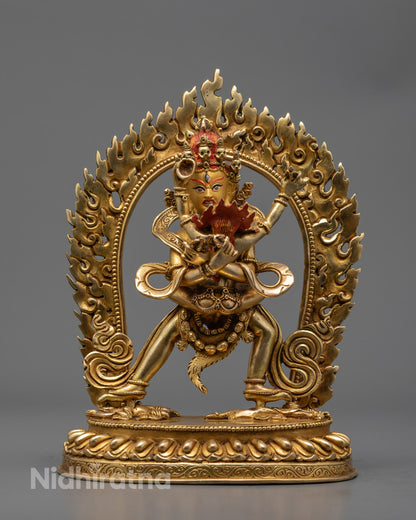 Hand-carved Chakrasamvara with consort statue in gold fire-gilding, Himalayan sacred art by Nepalese artisans