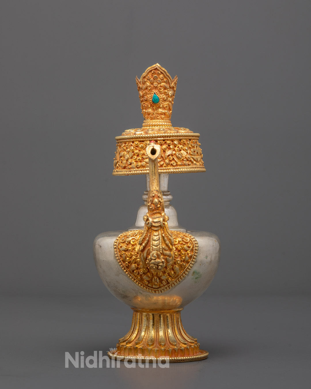 Hand-carved Chegumba ritual object made of copper with intricate Tibetan Buddhist designs