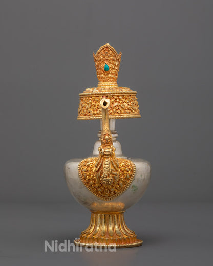 Hand-carved Chegumba ritual object made of copper with intricate Tibetan Buddhist designs