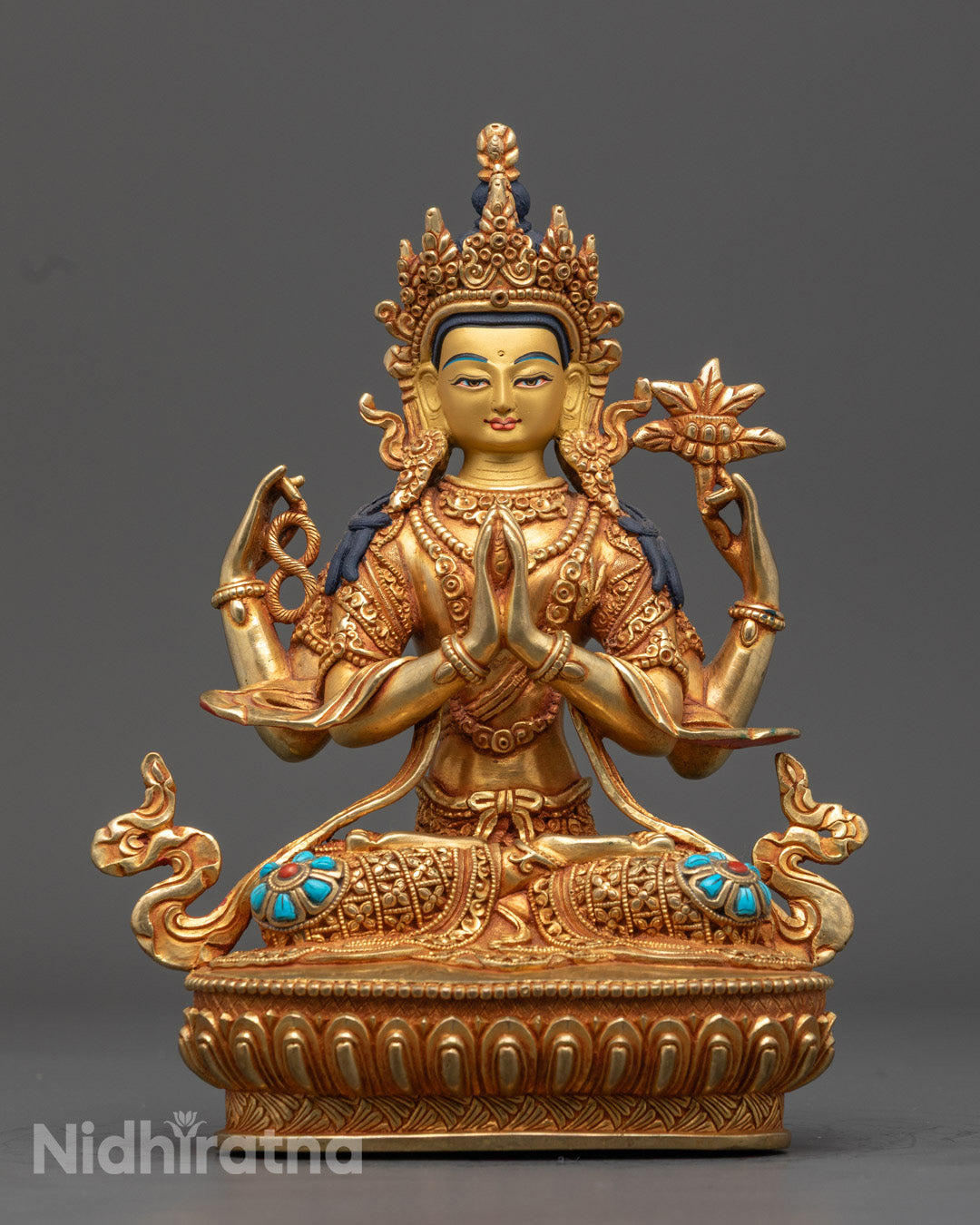 Hand-carved Chenrezig Statue with 24K Gold-Plated Face and Semi-Precious Stone Adornments