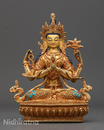 Hand-carved Chenrezig Statue with 24K Gold-Plated Face and Semi-Precious Stone Adornments