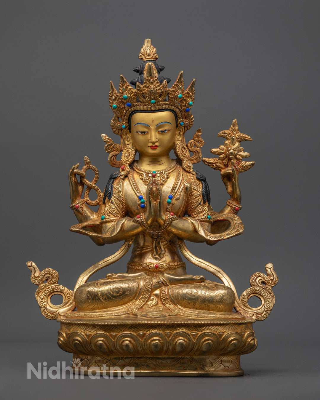 Hand-carved Chenrezig Statue with 24K gold-gilded face and fire-gilded body, adorned with semi-precious stones