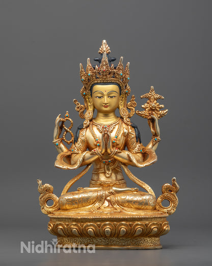 Hand-carved Chenrezig statue with 24k fire gold finish and lotus base