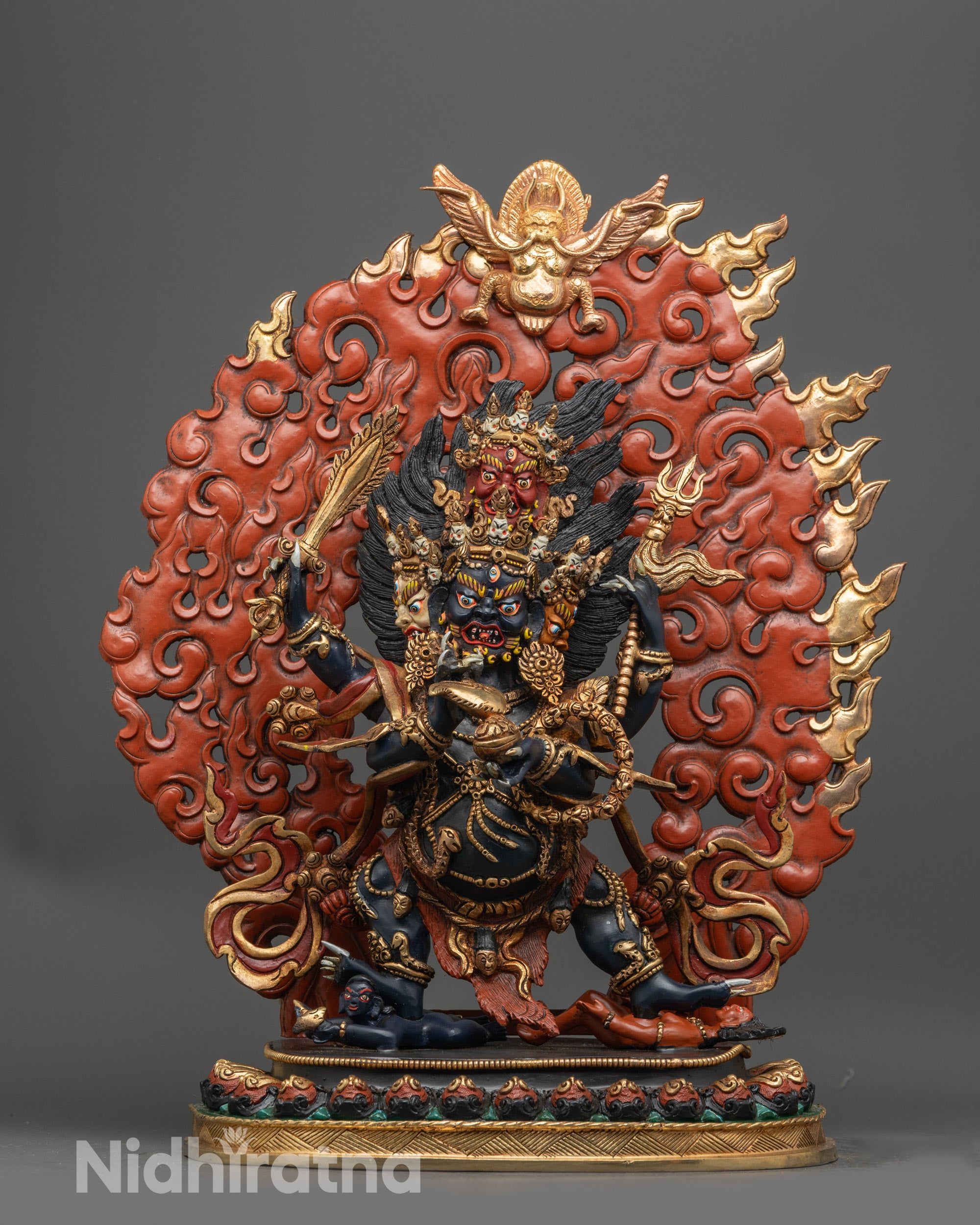 Hand-carved Chuchepa Mahakala Statue from Nepal with dark blue acrylic body