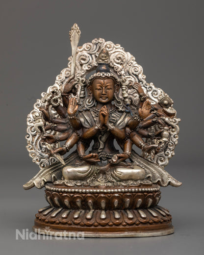 Hand-carved Chundi Devi statue in oxidized copper with intricate details and multiple arms holding sacred symbols.