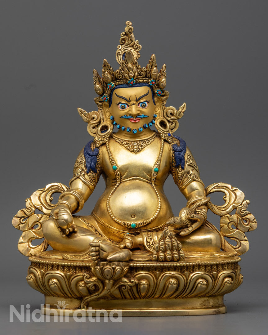 Hand-carved Dzambhala Statue made of 24k gold gilded copper, showcasing intricate details and adorned with semi-precious stones.