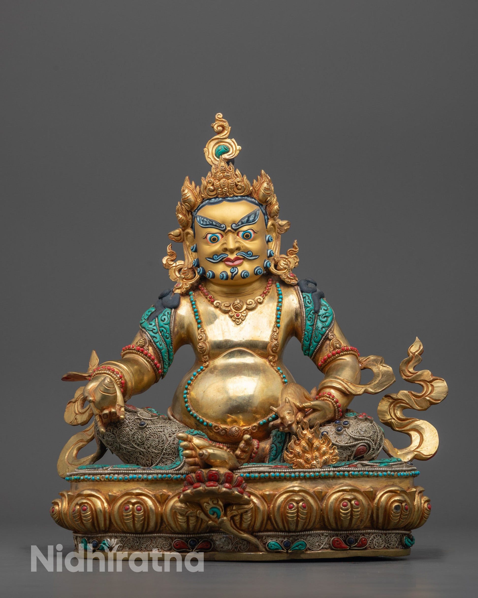 Hand-carved Dzambhala Statue seated on a lotus seat with 24k gold fire gilding