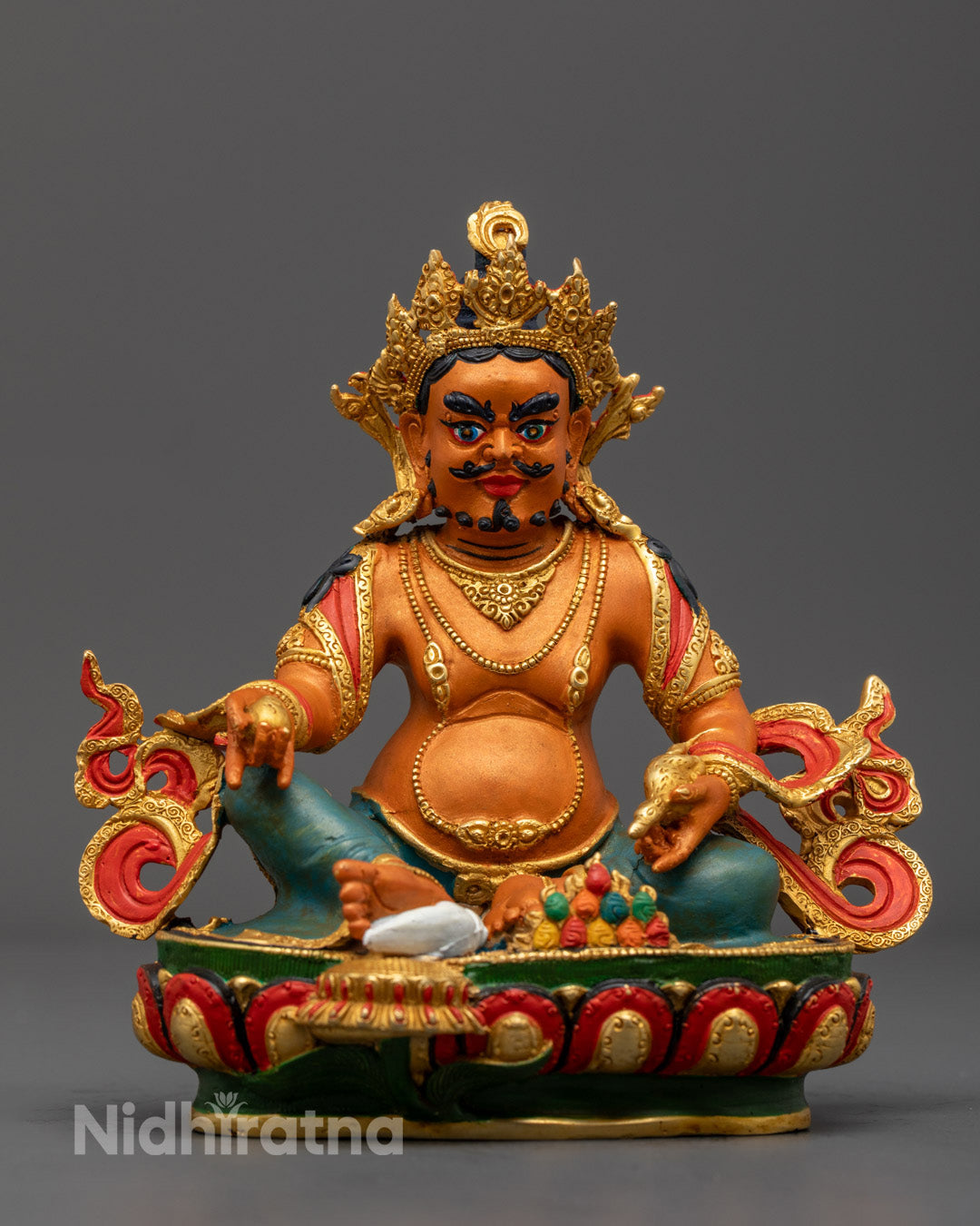 Hand-carved Dzambhala statue made from premium copper with intricate details and vibrant yellow acrylic coloring.