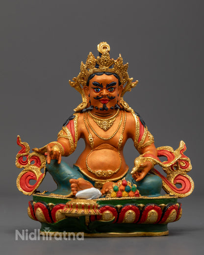 Hand-carved Dzambhala statue made from premium copper with intricate details and vibrant yellow acrylic coloring.