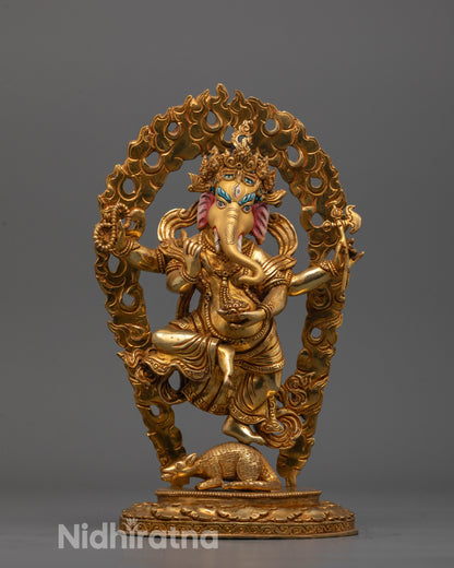 Hand-carved Ganesh Statue from Nepal with 24k gold fire gilding standing on a mouse