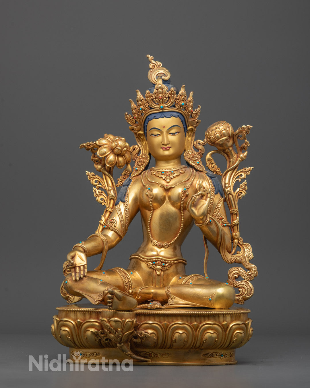 Hand-carved Green Tara Sculpture with 24k fire-gold gilding and semi-precious stones