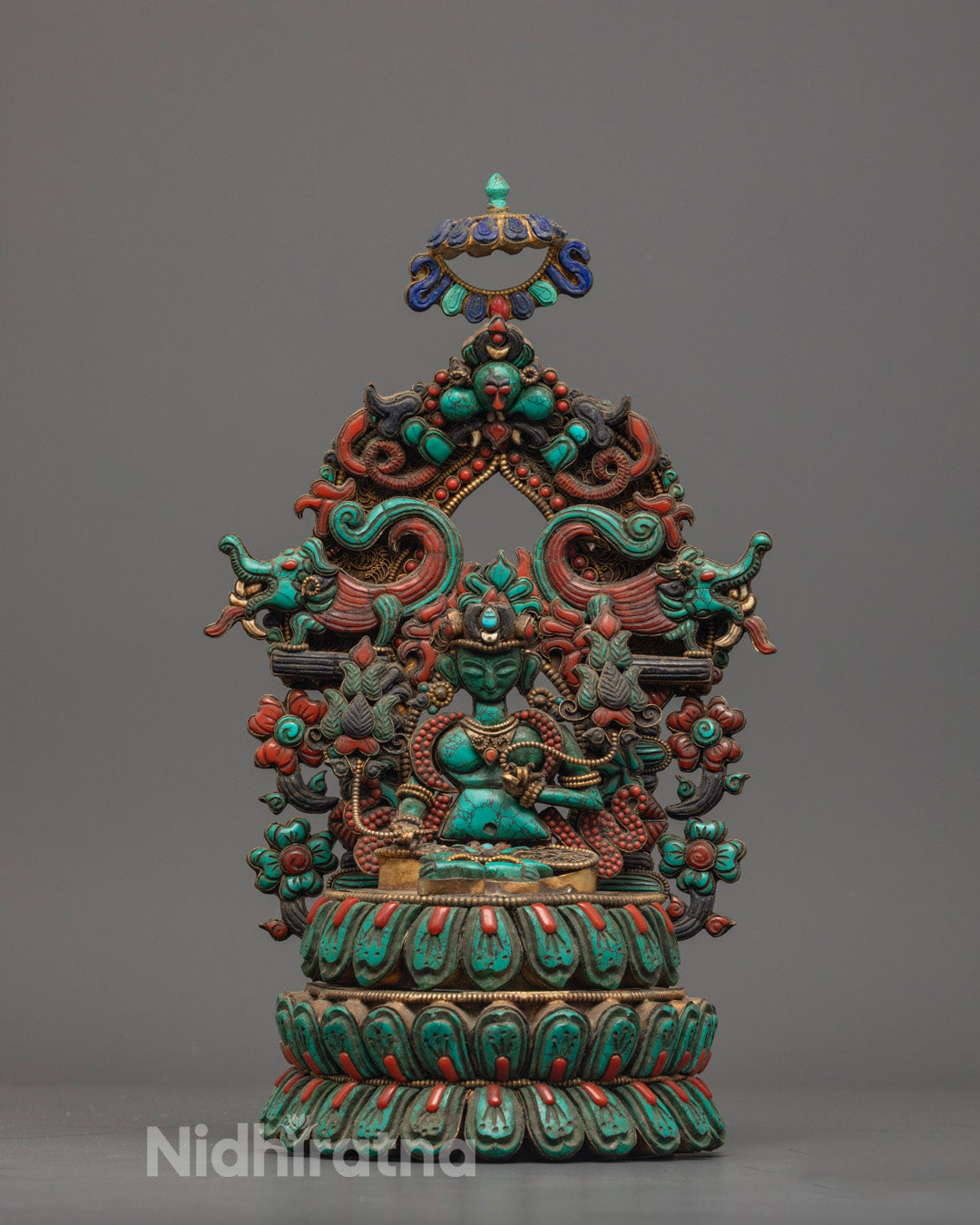 Hand-carved Green Tara Statue adorned with precious and semi-precious stones, crafted using traditional Nepalese lost wax method