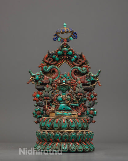 Hand-carved Green Tara Statue adorned with precious and semi-precious stones, crafted using traditional Nepalese lost wax method