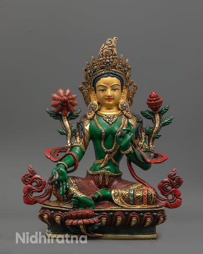 Hand-carved Green Tara Statue from Nepal with 24k Gold-Gilded Face