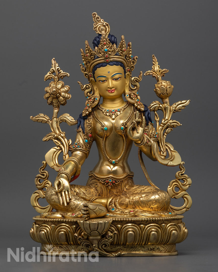 Hand-carved Green Tara Statue made of 24k gold gilded copper, showcasing intricate details and semi-precious stones.