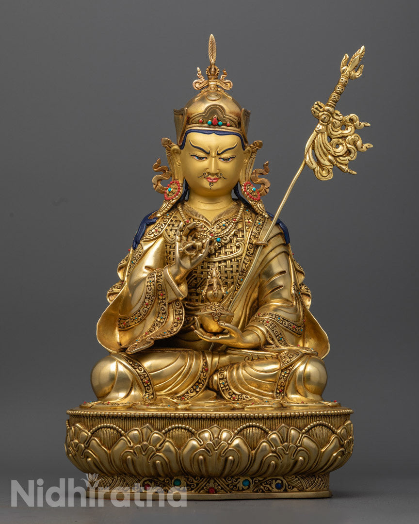 Hand-carved Guru Tsokye Dorje Statue made from 24k gold gilded copper, showcasing intricate details and semi-precious stones.