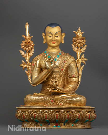 Hand-carved Je Tsongkhapa Statue made from premium copper with 24k fire gold gilding