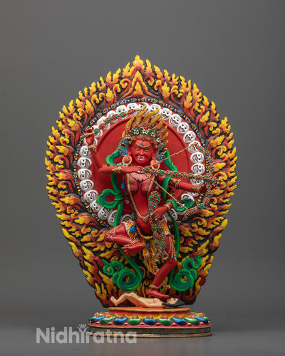 Hand-carved Kurukulla Statue standing on lotus base with wrathful expression