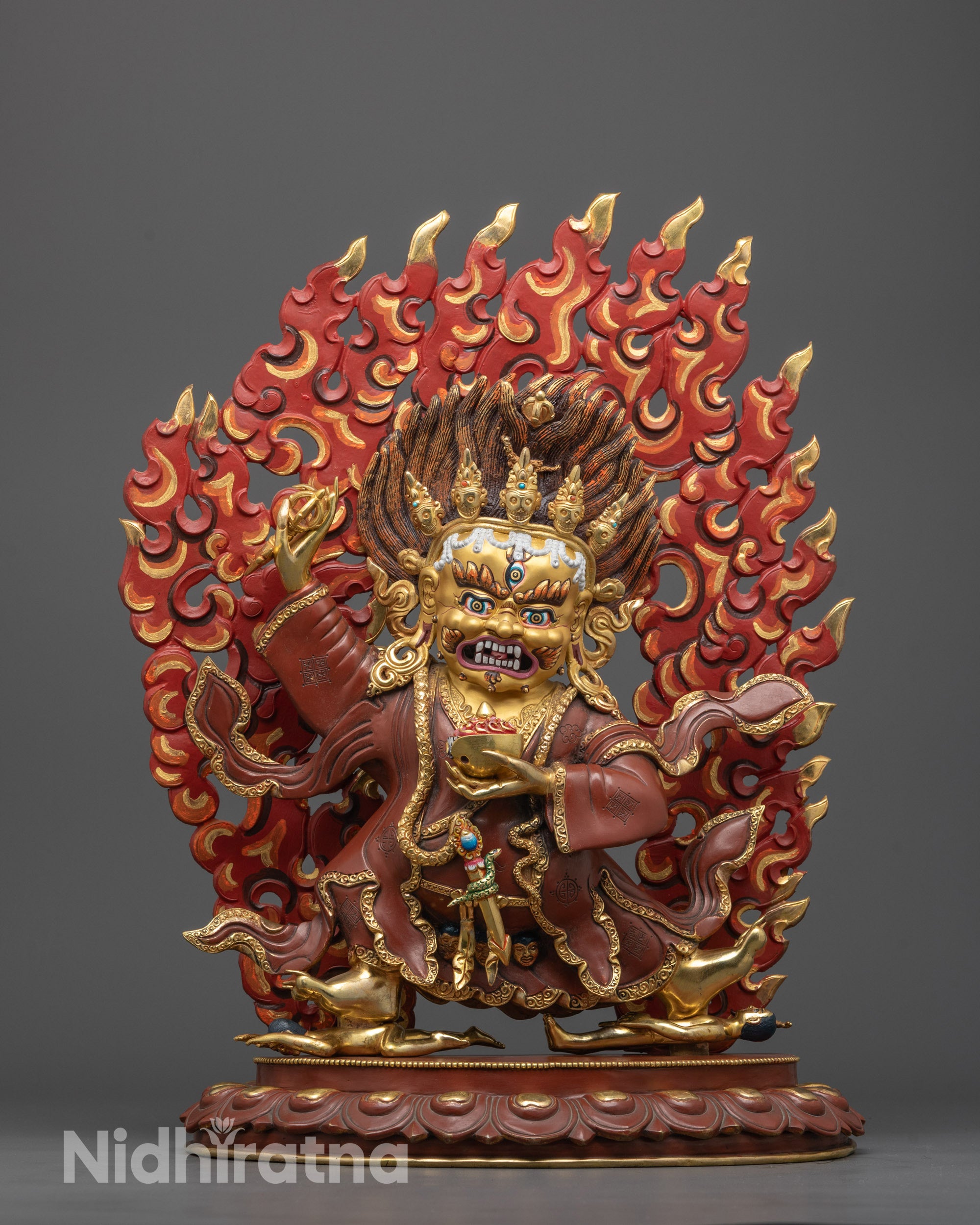 Hand-carved Mahakala Bernagchen Statue from Nepal with 24k gold-coated face