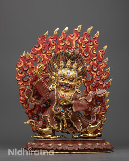 Hand-carved Mahakala Bernagchen Statue from Nepal with 24k gold-coated face
