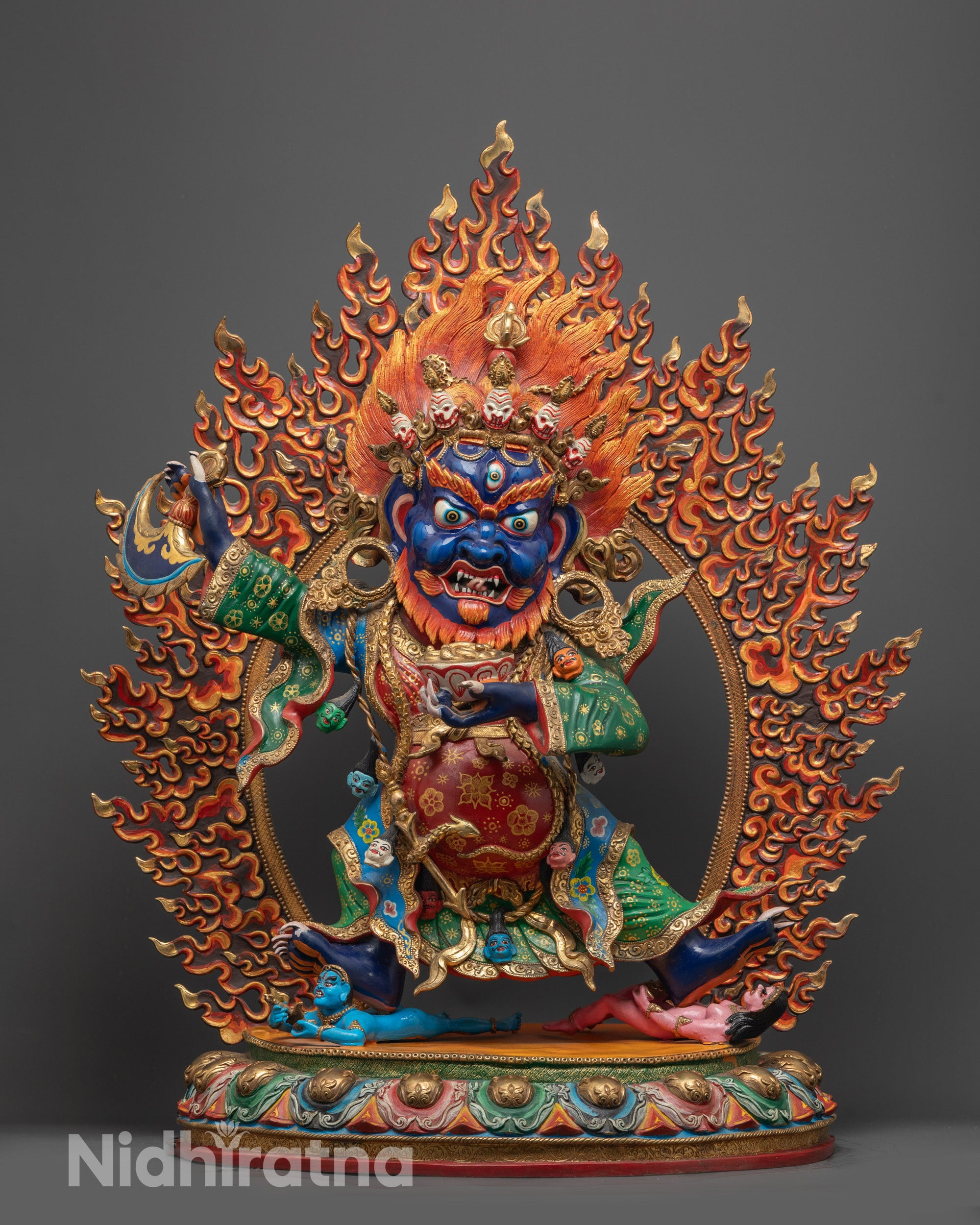 Hand-carved Mahakala Bernagchen Statue with third eye face and vibrant acrylic body