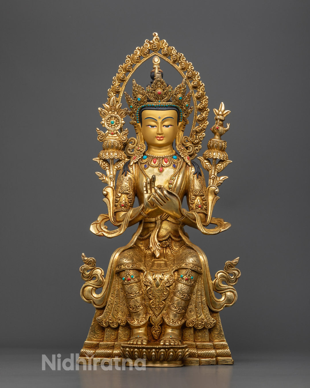 Hand-carved Maitreya Buddha Statue with 24K gold fire-gilded body seated on a lotus throne, crafted using the traditional Nepalese lost wax method.