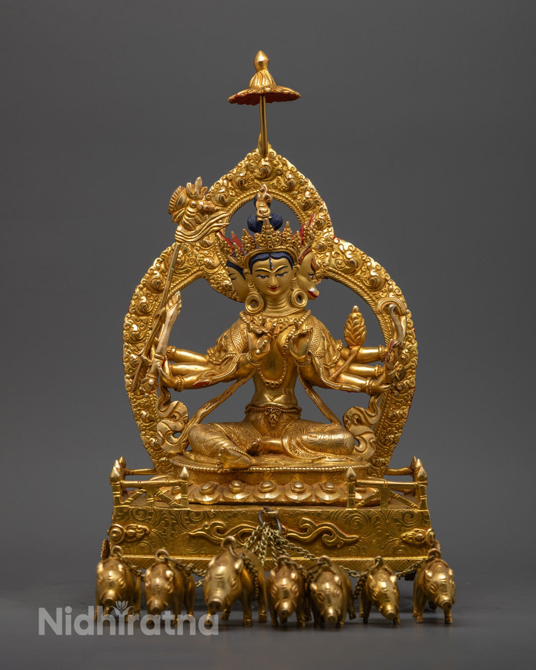 Hand-carved Marichi Statue in traditional Himalayan style with 24k gold fire gilding and intricate acrylic detailing
