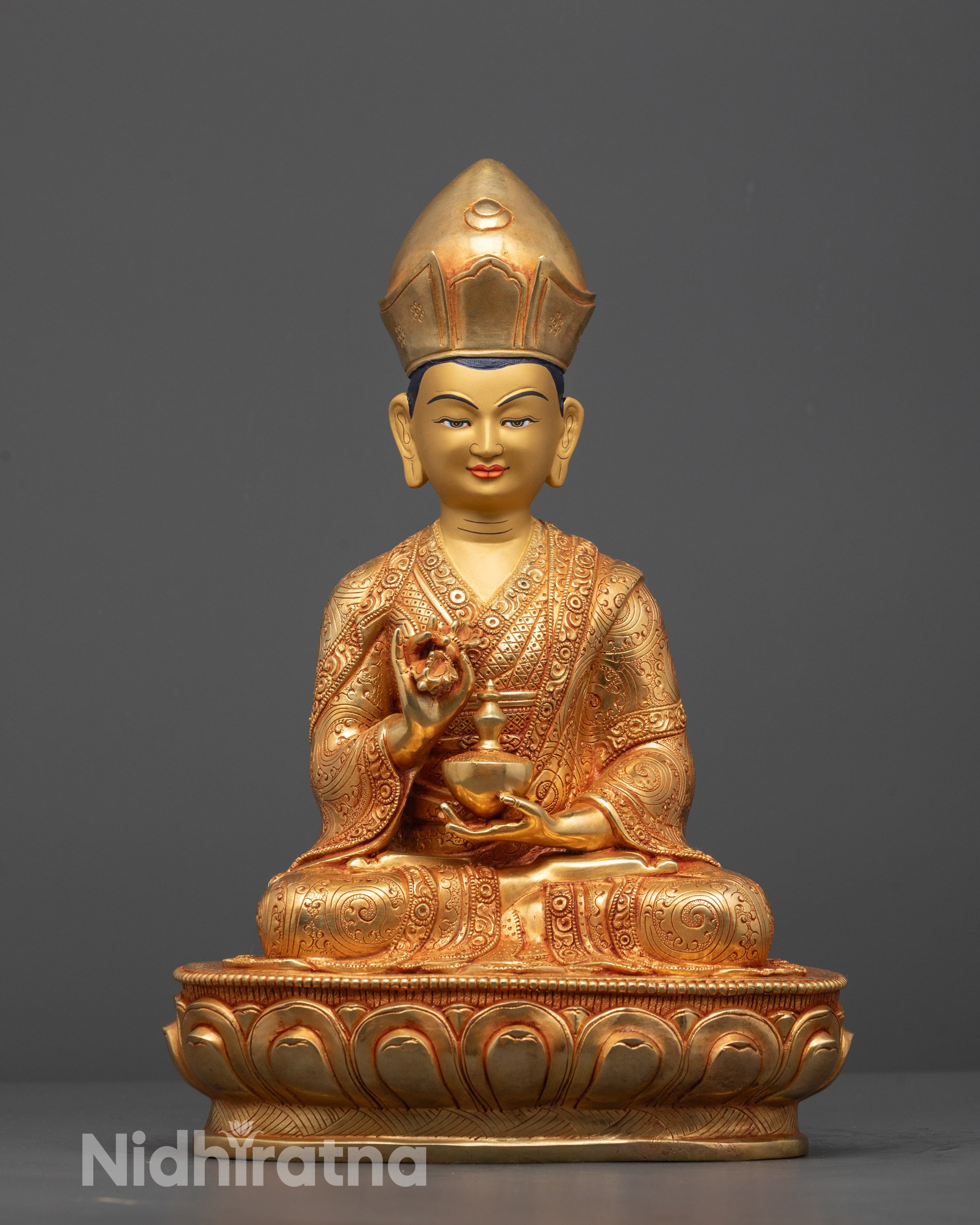 Hand-carved Nepalese Karmapa Statue with 24k fire gold gilding seated on lotus