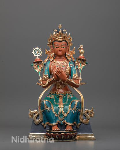 Hand-carved Red Maitreya Buddha Statue made from premium copper with red-painted face
