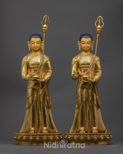 Hand-carved Sariputra statue with intricate 24k gold fire-gilding and vibrant acrylic colors, crafted in Nepal using the lost wax method.

