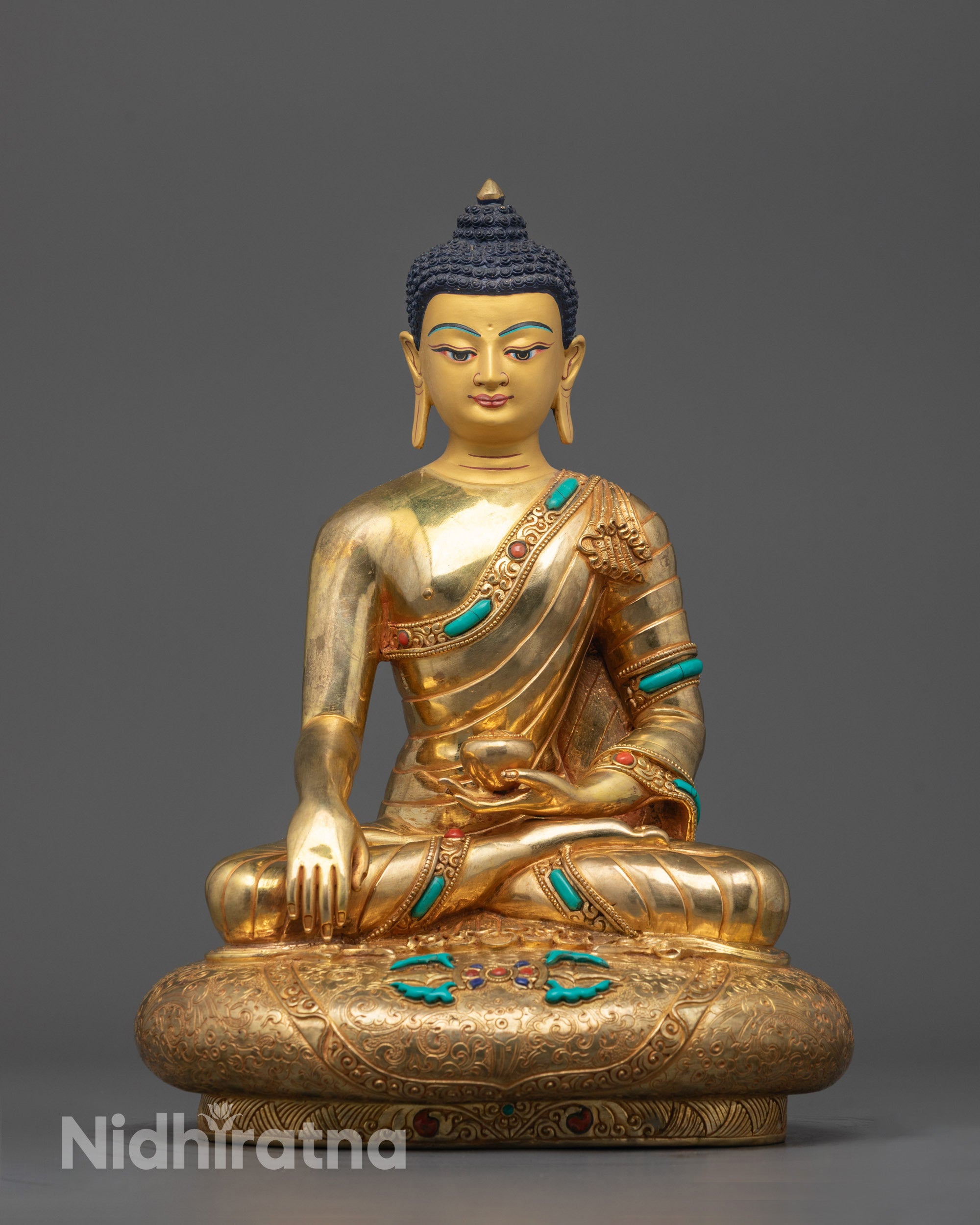 Hand-carved Shakyamuni Buddha Statue from Nepal made with copper base