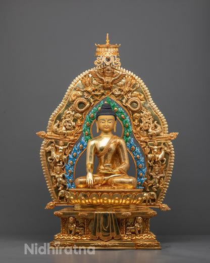 Front-view of Hand-carved Shakyamuni Buddha Statue in meditative posture,