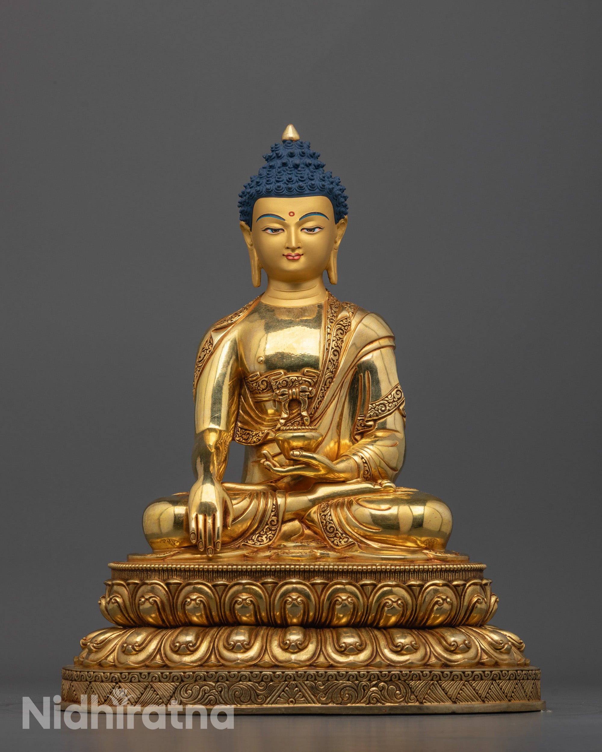 Hand-carved Shakyamuni Buddha Statue seated on double lotus base with monk’s bowl